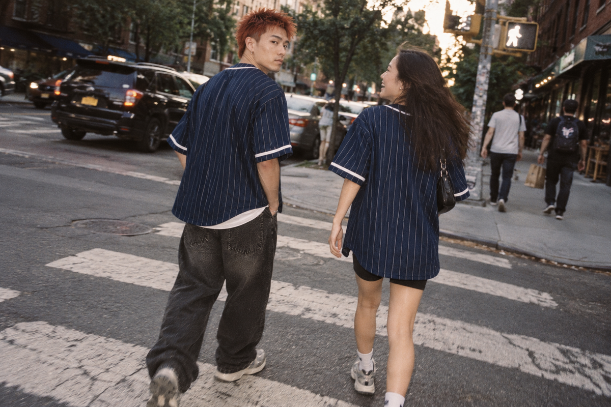 Man and woman wearing oversized baseball jerseys, baseball jersey outfit ideas