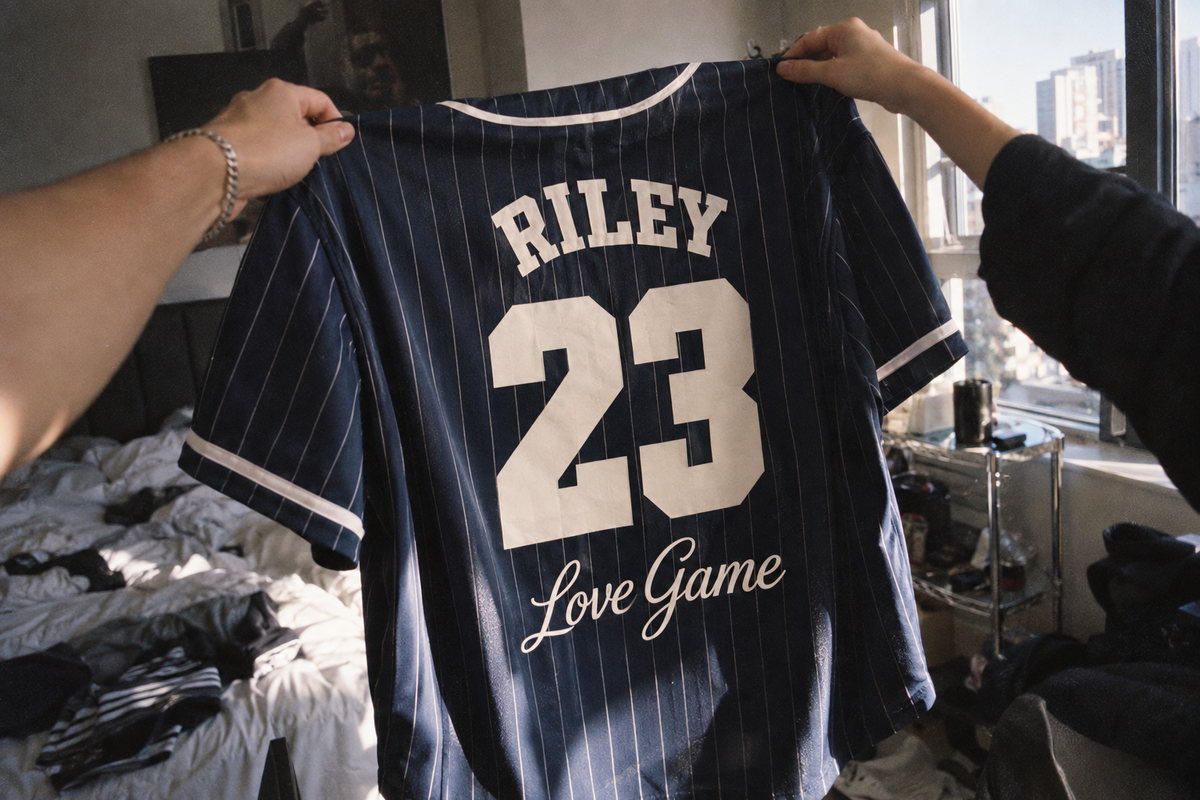 Hands holding custom baseball jersey with name and number on the back