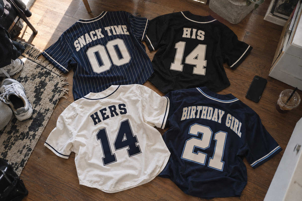 Custom baseball jerseys with funny, couple and birthday names and numbers on the back