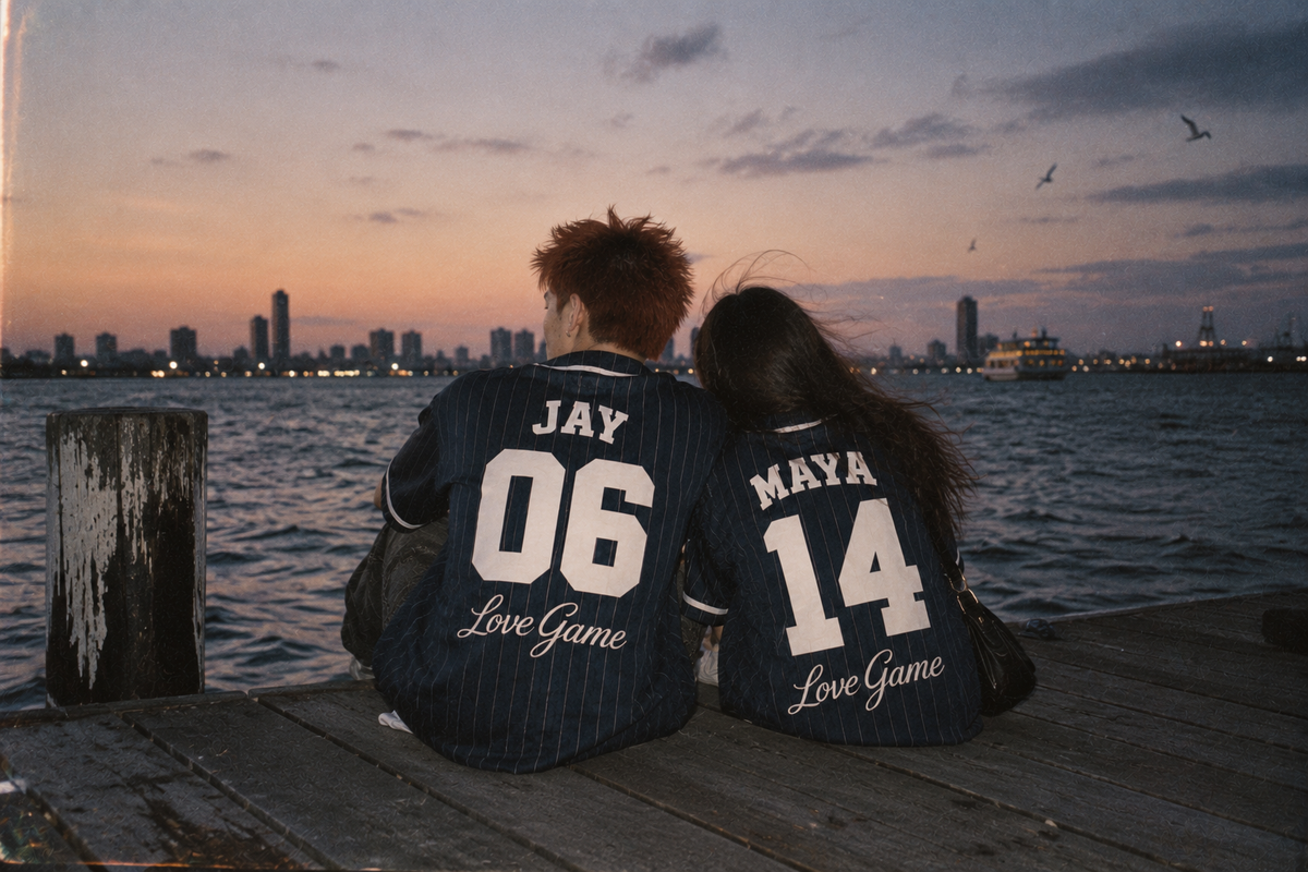 Couple wearing matching custom baseball jerseys with names and numbers