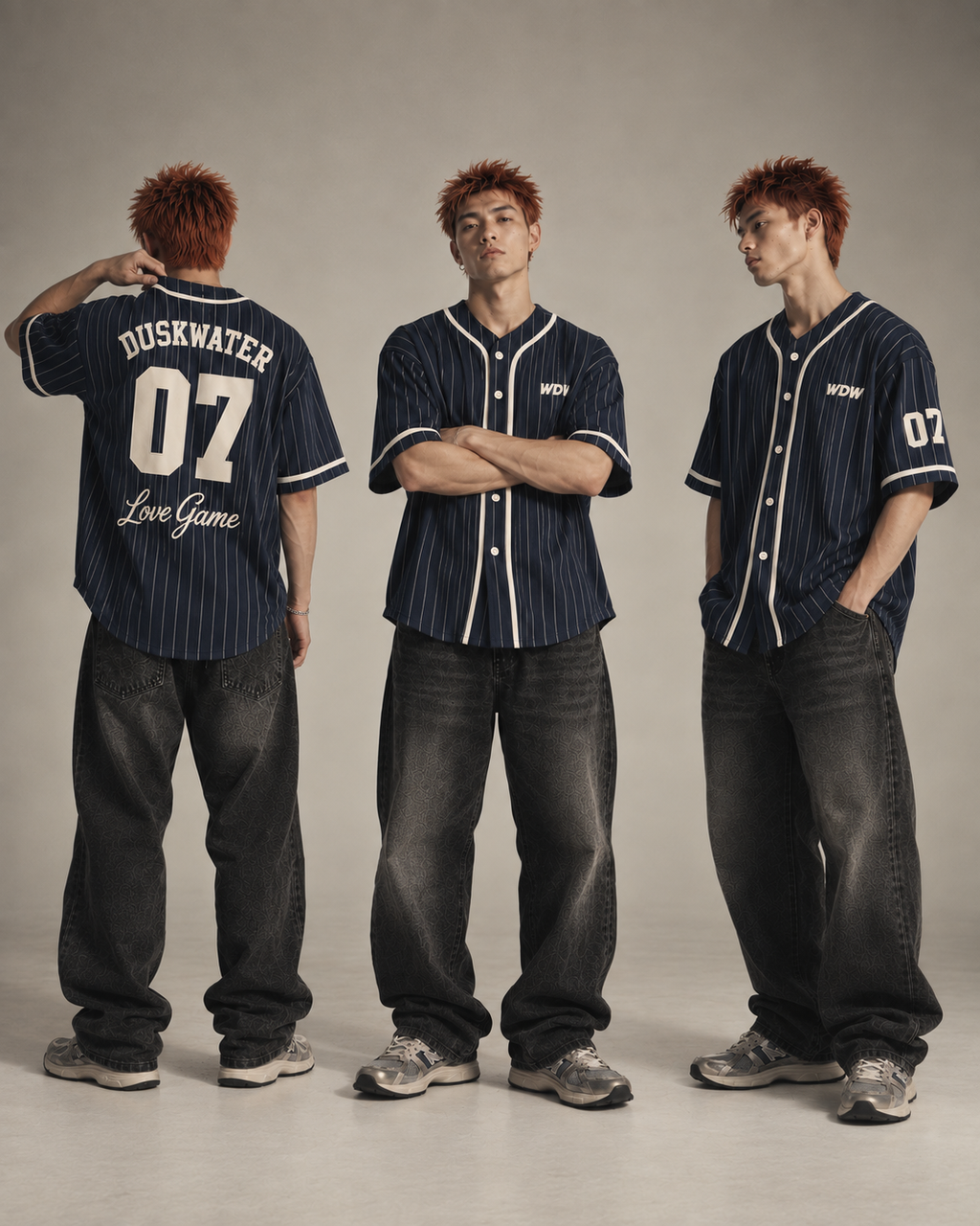 DUSKWATER navy pinstripe baseball jersey worn, oversized streetwear fit