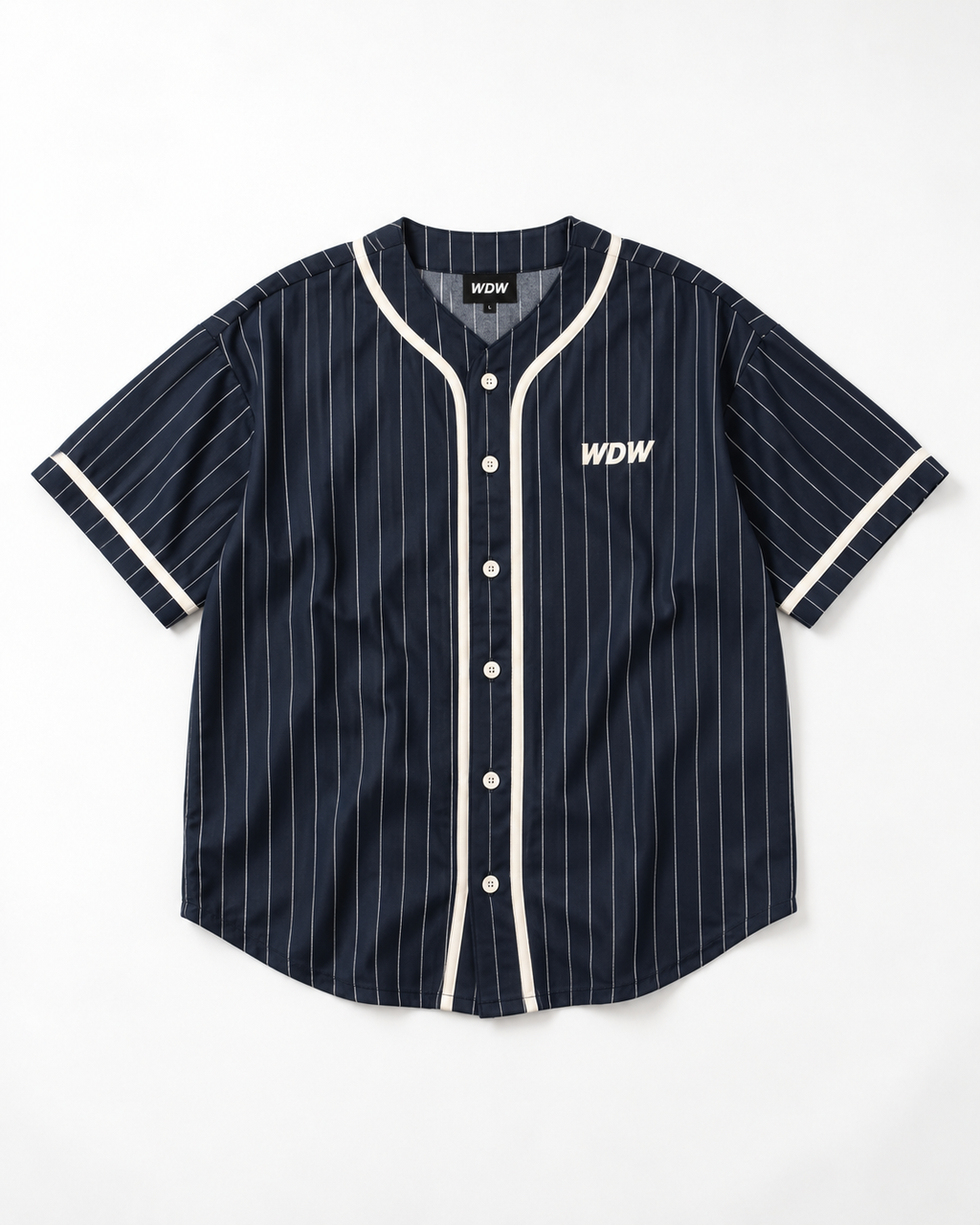DUSKWATER navy pinstripe baseball jersey with cream piping, oversized