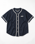 DUSKWATER navy pinstripe baseball jersey with cream piping, oversized