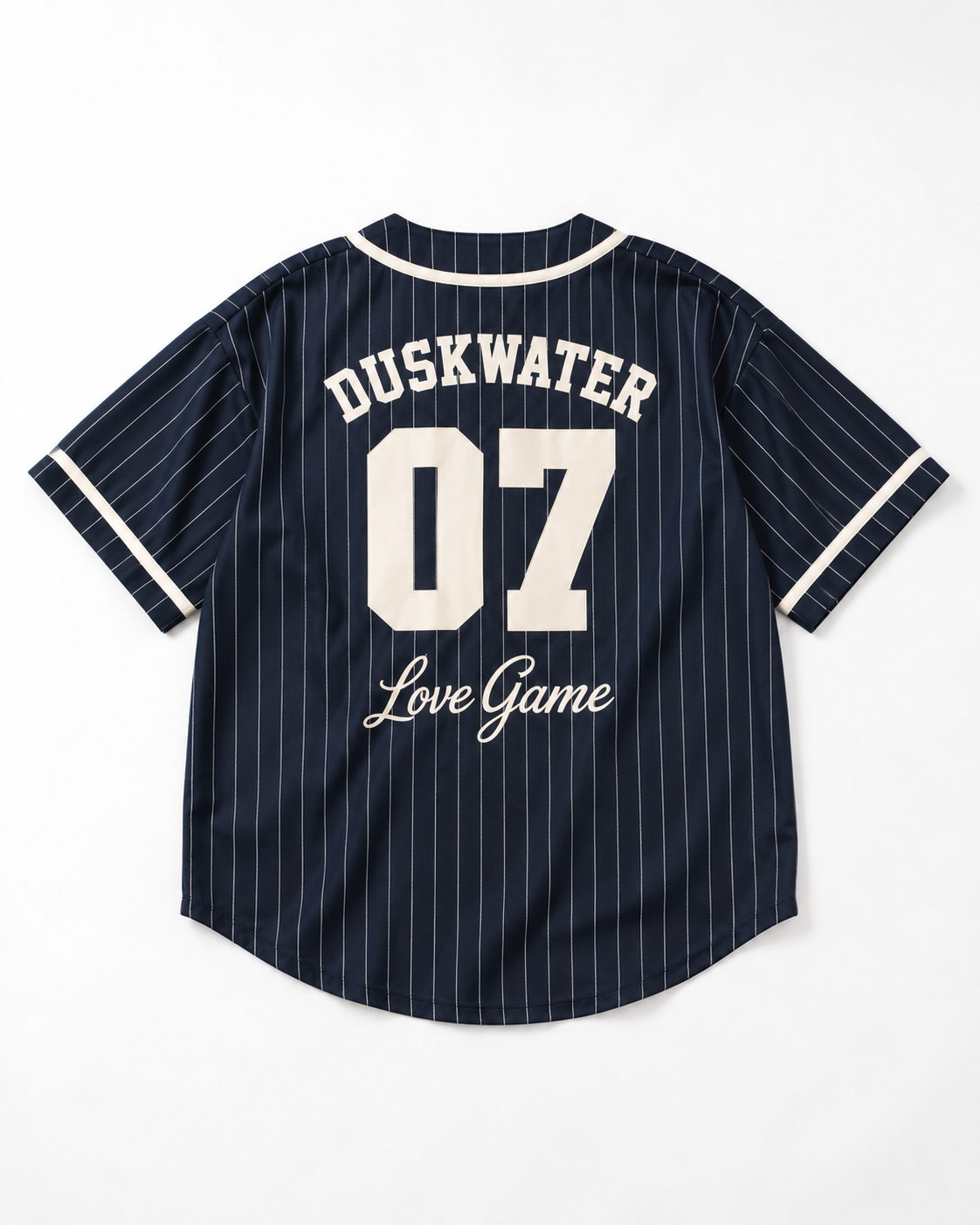 DUSKWATER navy pinstripe baseball jersey back with DUSKWATER 07 lettering