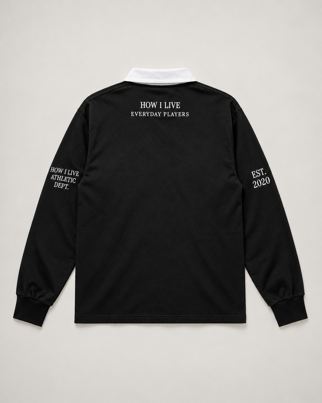 DUSKWATER Everyday Players black rugby shirt with white collar, oversized