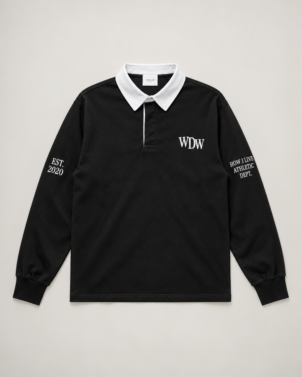DUSKWATER Everyday Players black rugby shirt with white collar, oversized
