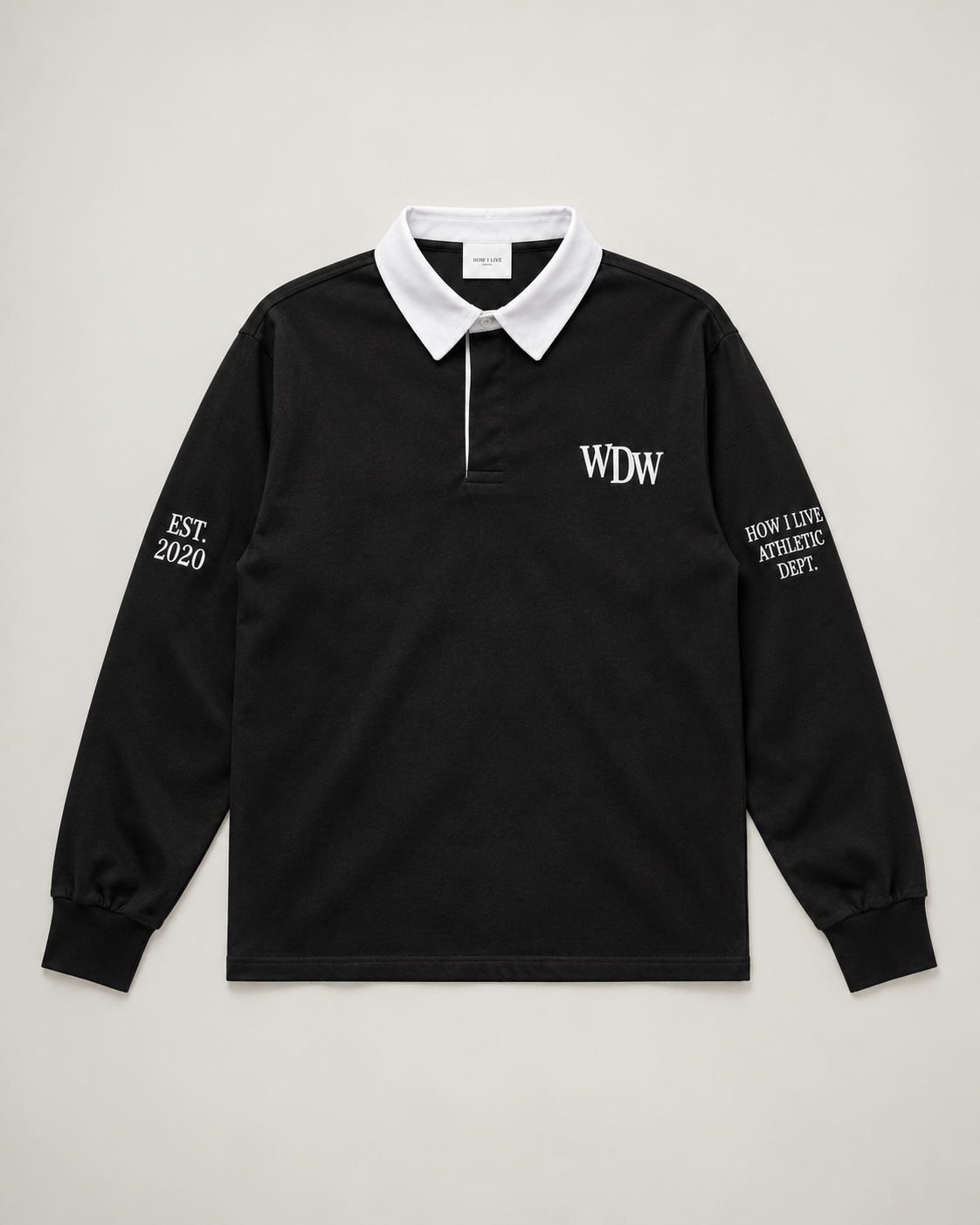 DUSKWATER Everyday Players black rugby shirt with white collar, oversized