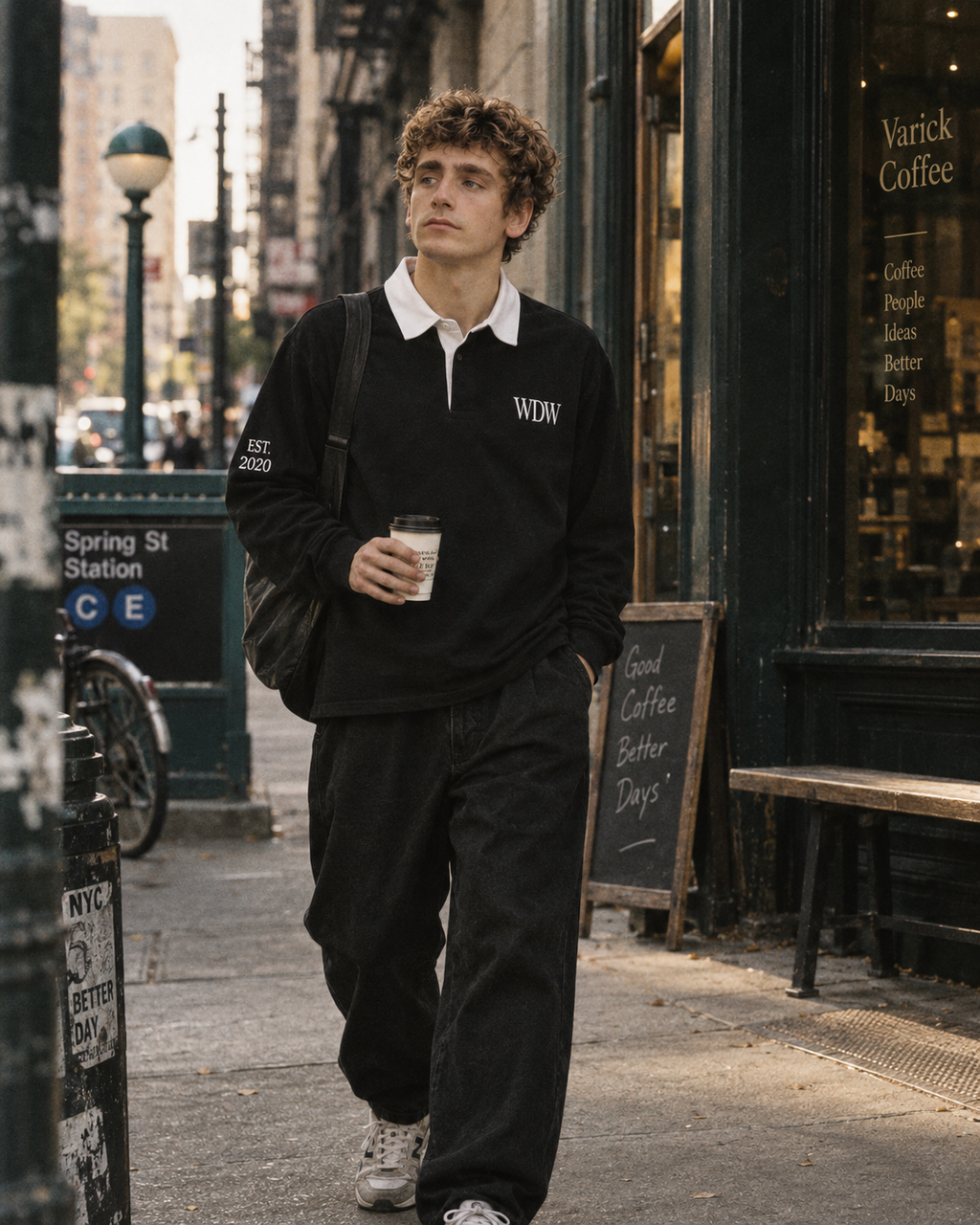 DUSKWATER Everyday Players black rugby shirt with white collar, oversized