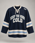 Keep The Mind Cold custom hockey jersey navy front, lace-up collar, ice blue stripes