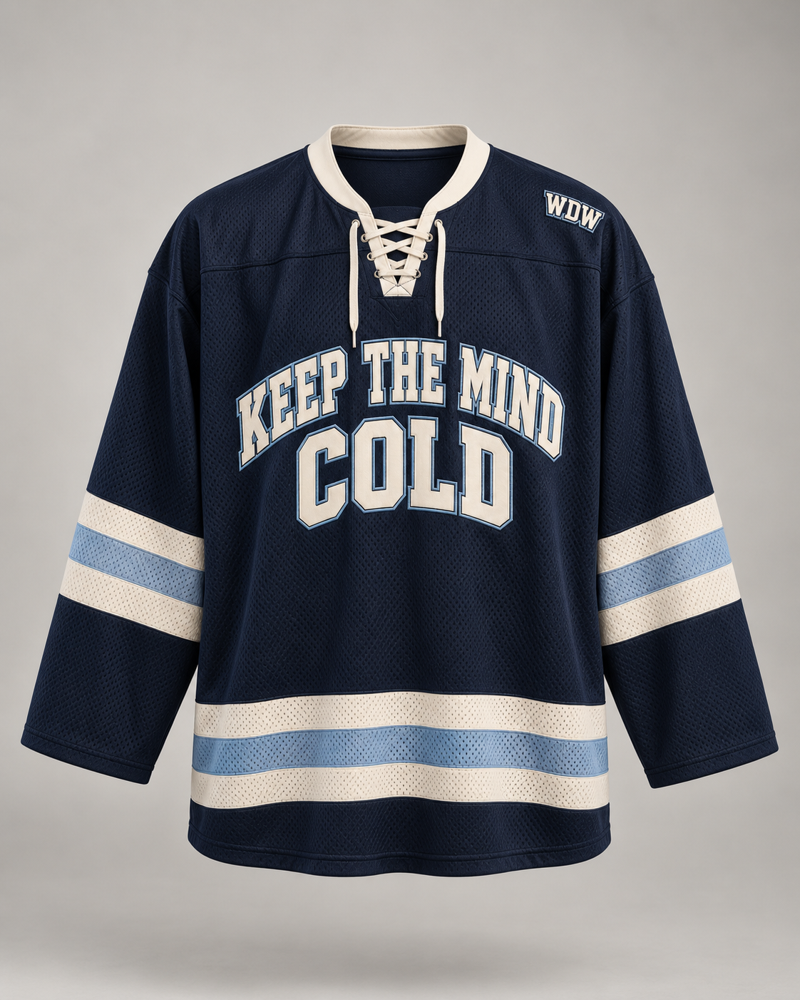Keep The Mind Cold custom hockey jersey navy front, lace-up collar, ice blue stripes