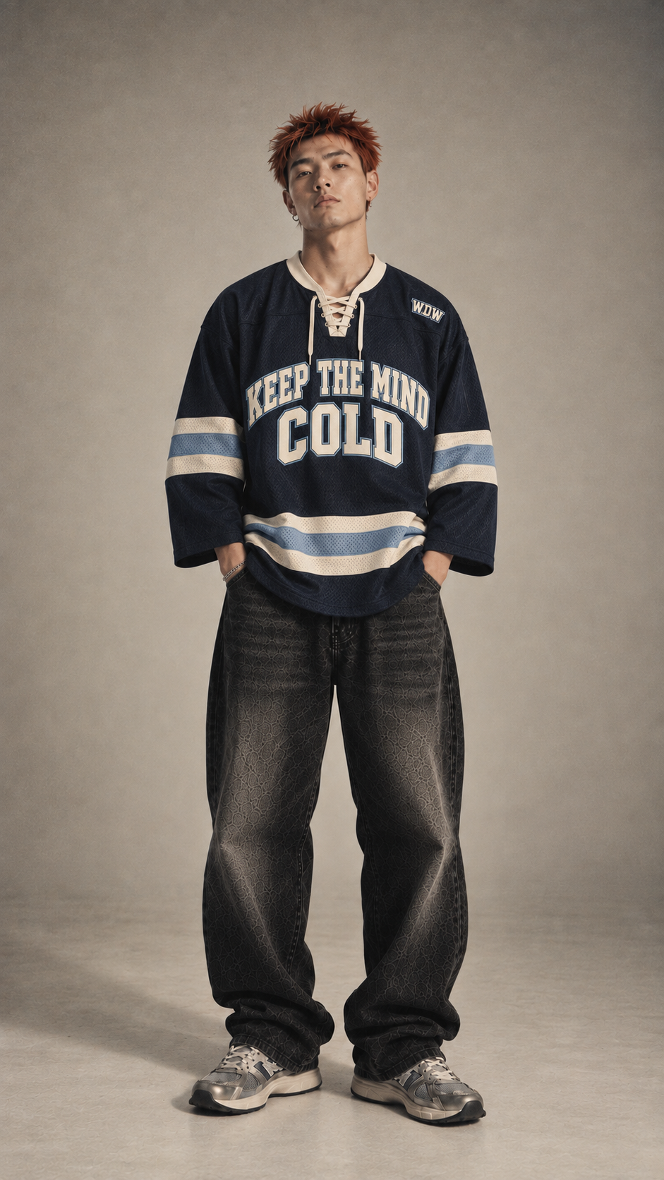 Man wearing oversized navy hockey jersey with baggy jeans
