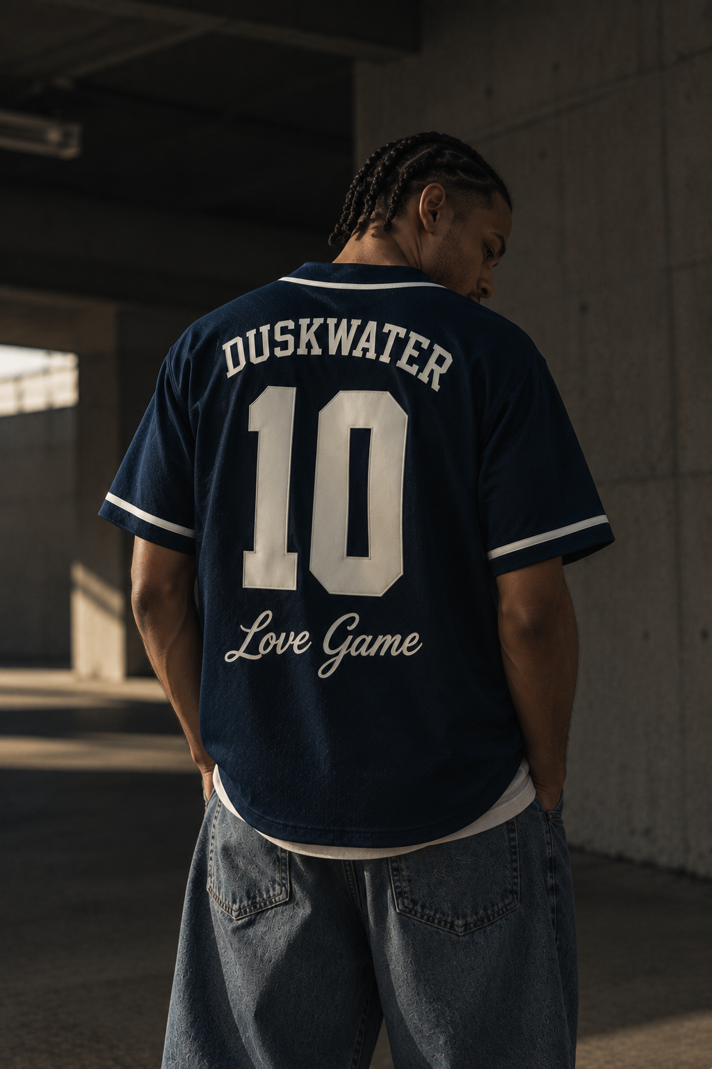DUSKWATER Love Game navy button-up baseball jersey with custom name and number