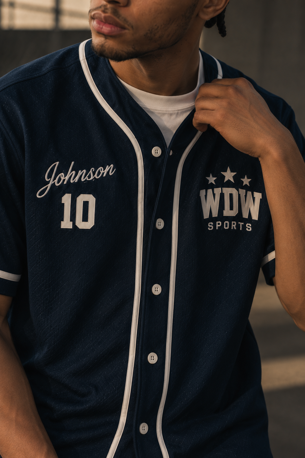 DUSKWATER Love Game navy button-up baseball jersey with custom name and number