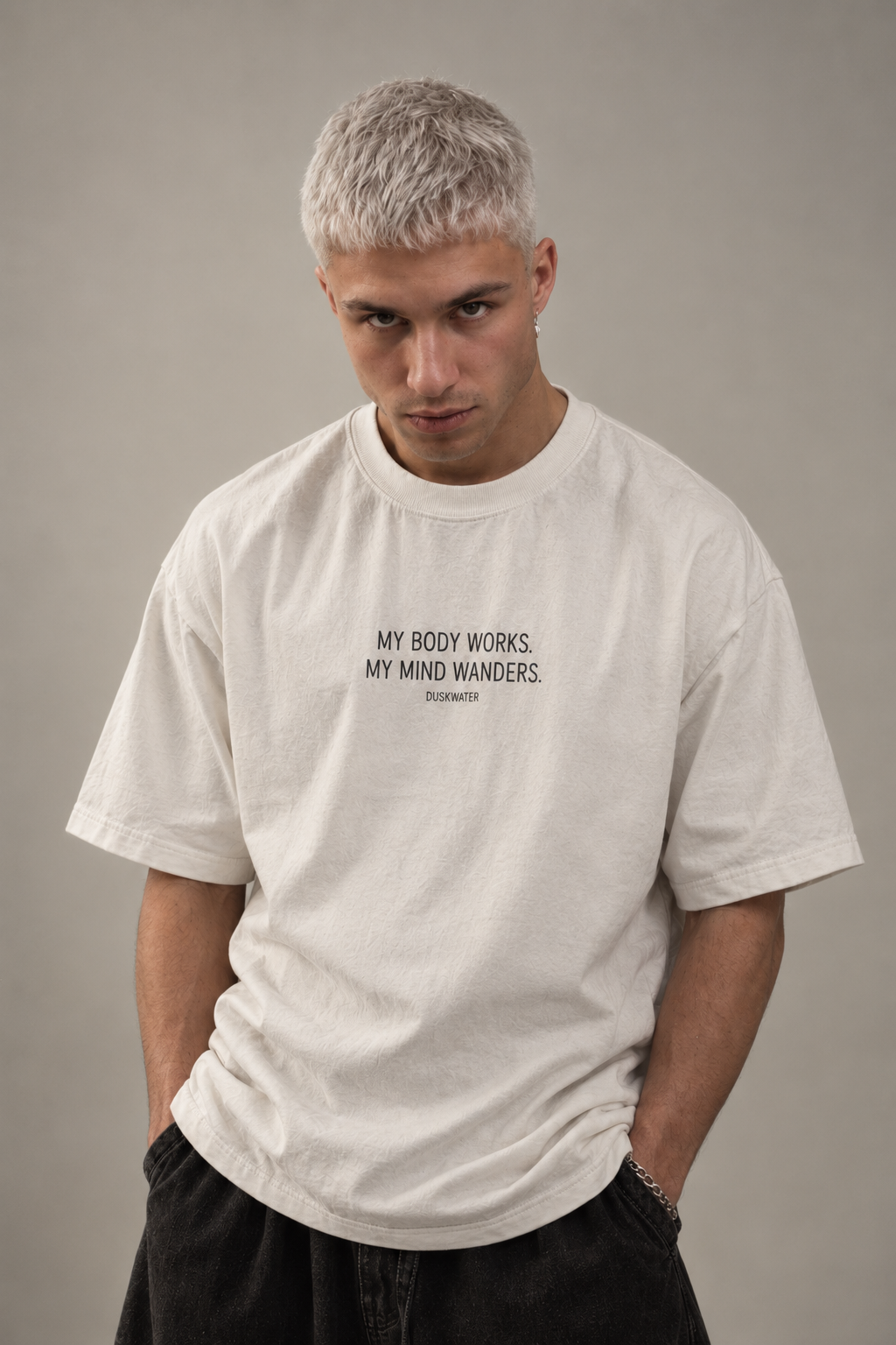 DUSKWATER My Body Works oversized graphic tee in washed ivory — cinematic American streetwear