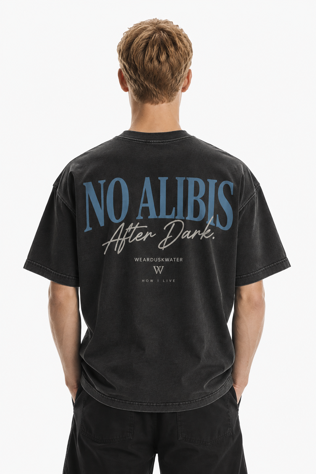 DUSKWATER No Alibis washed-black oversized tee in heavyweight cotton