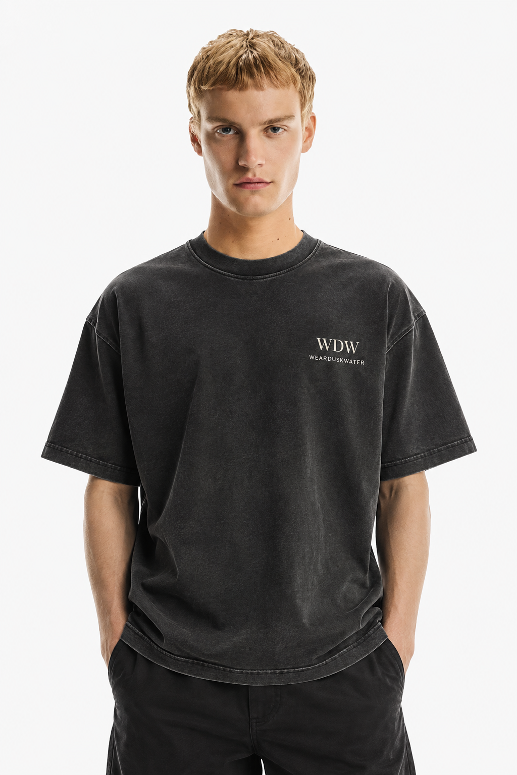 DUSKWATER No Alibis washed-black oversized tee in heavyweight cotton