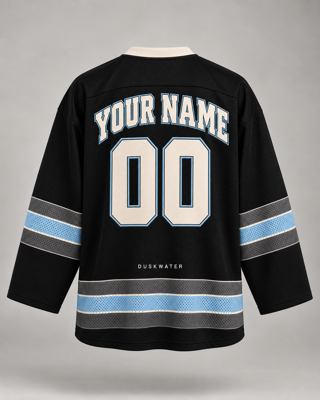 Back of black custom hockey jersey with your name and number