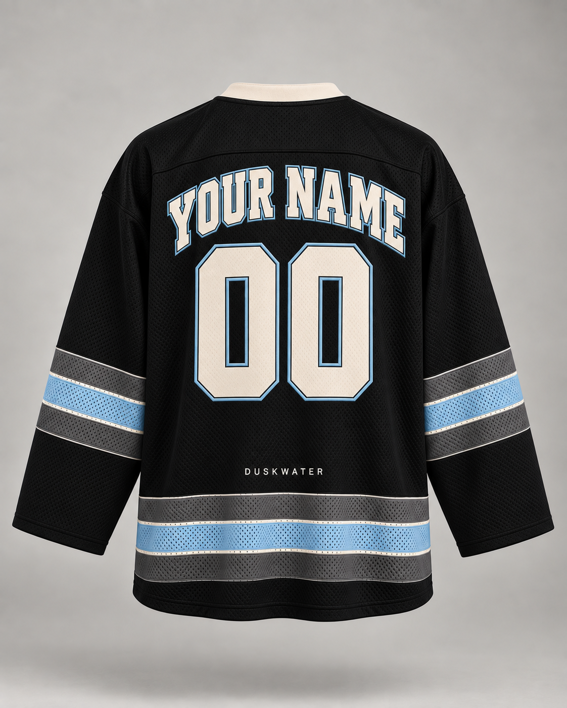 Back of black custom hockey jersey with your name and number