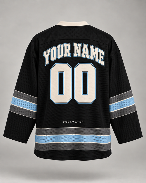 Back of black custom hockey jersey with your name and number