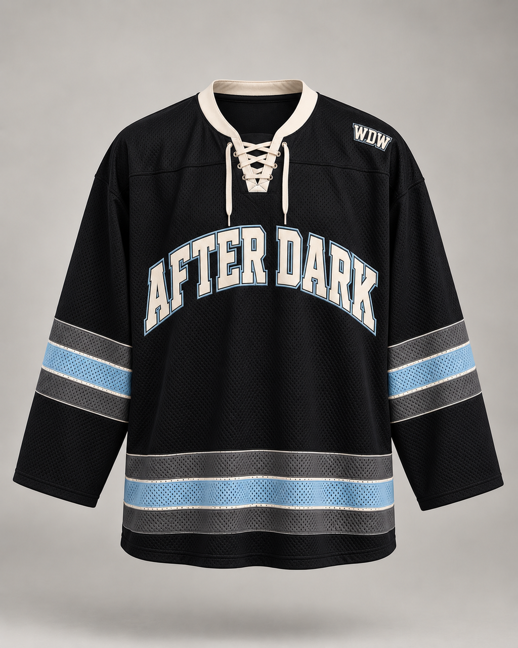 After Dark custom hockey jersey black front, lace-up collar, charcoal and ice blue stripes