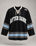 After Dark custom hockey jersey black front, lace-up collar, charcoal and ice blue stripes