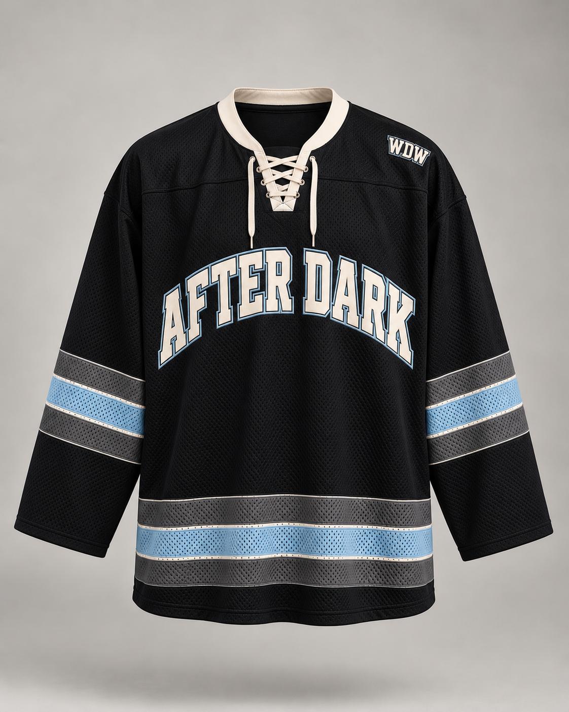 After Dark custom hockey jersey black front, lace-up collar, charcoal and ice blue stripes