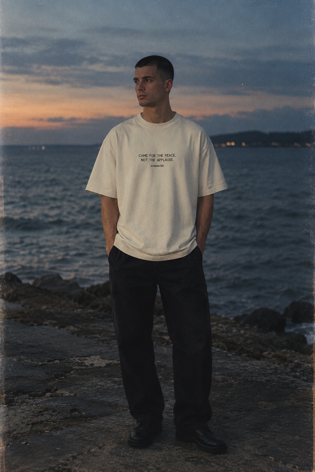 DUSKWATER Came For The Peace oversized graphic tee in washed ivory heavyweight cotton