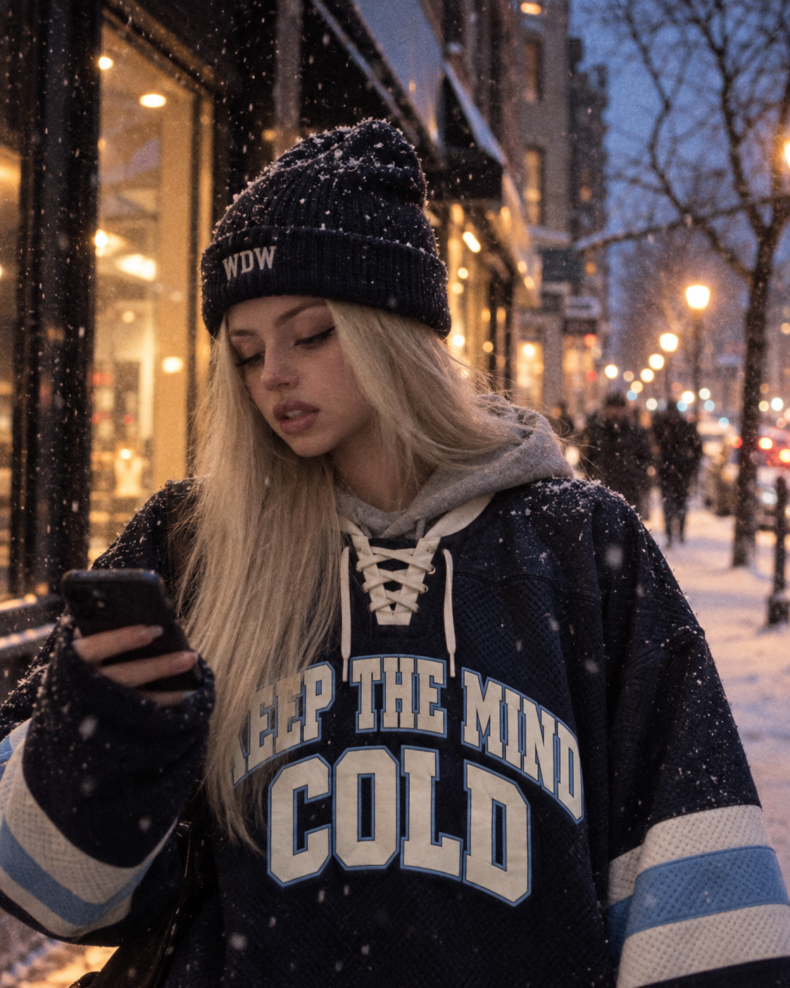 Navy WDW cuffed beanie with oversized hockey jersey, winter streetwear outfit in the snow