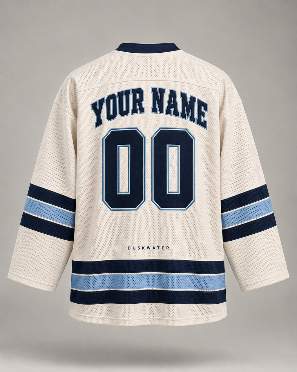 Back of white custom hockey jersey with your name and number