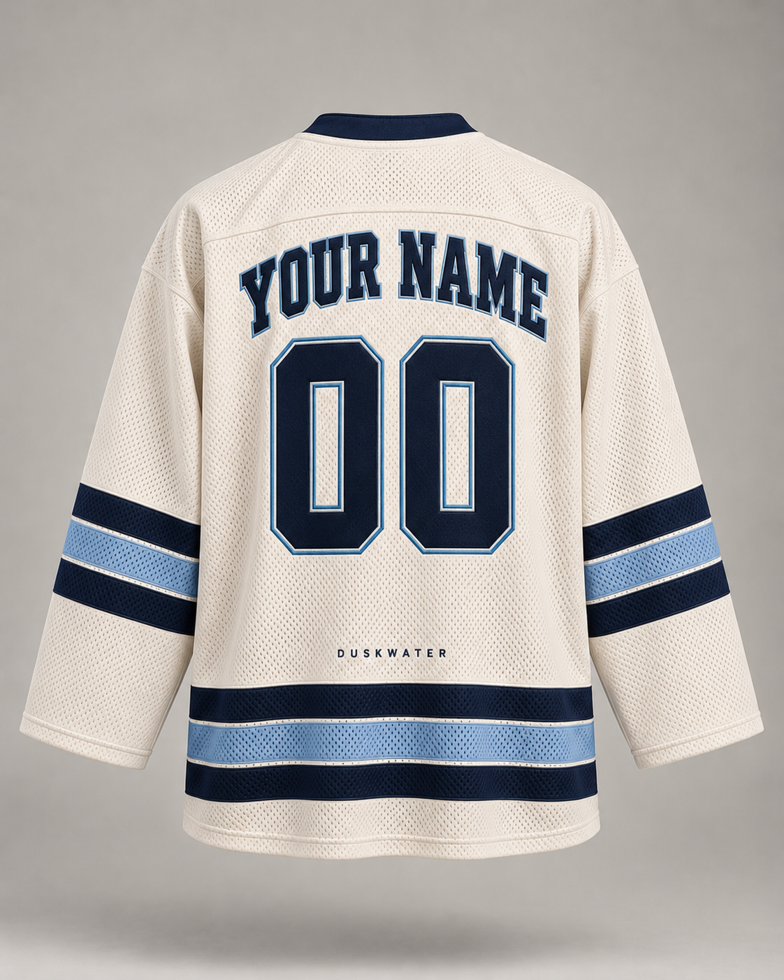 Back of white custom hockey jersey with your name and number