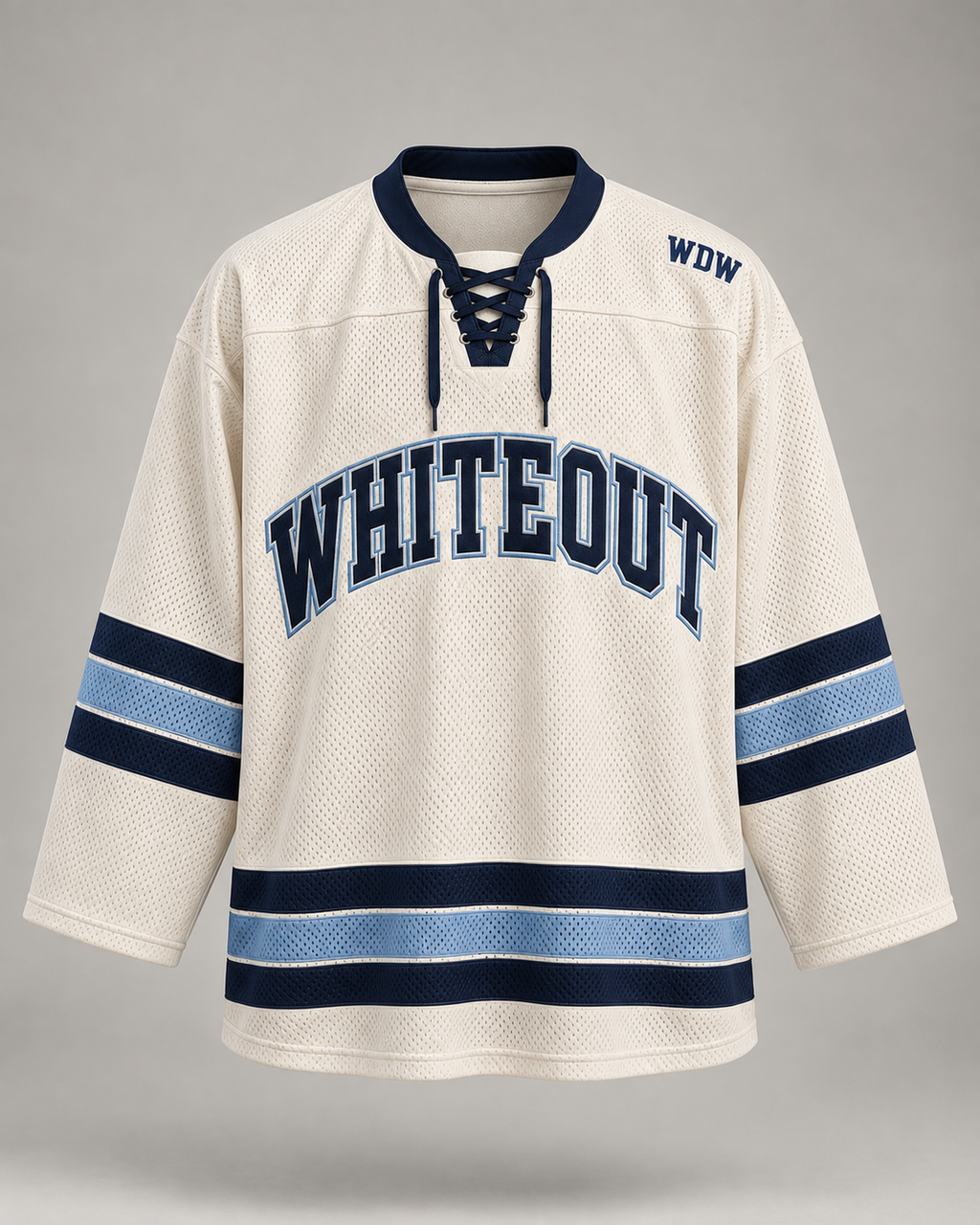 Whiteout custom hockey jersey ivory front, lace-up collar, navy and ice blue stripes