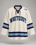 Whiteout custom hockey jersey ivory front, lace-up collar, navy and ice blue stripes