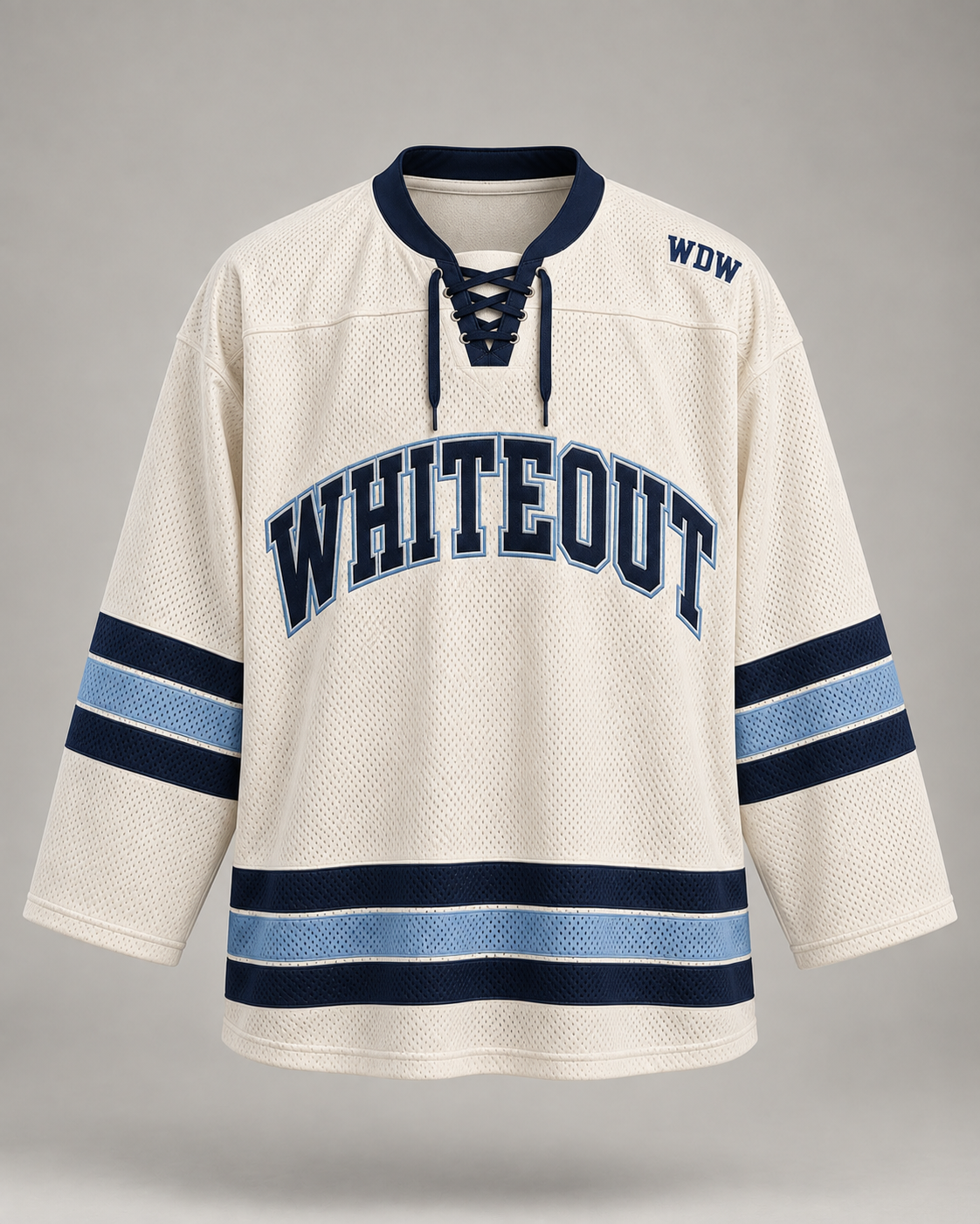 Whiteout custom hockey jersey ivory front, lace-up collar, navy and ice blue stripes